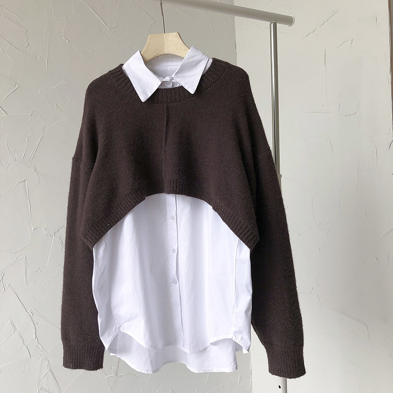 Nomikuma Spring New Women 2pieces Suits Long Sleeve Causal Solid Blouse + Super Short Knitted Pullovers Korean Sets 6E094 210427