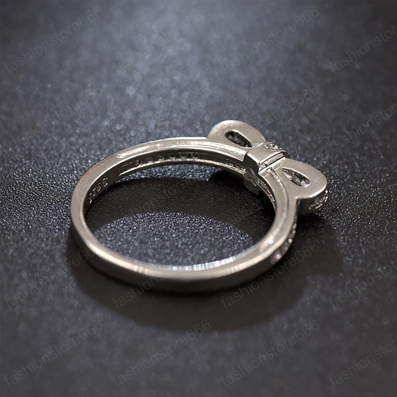 Silver Sparkling Bow Knot Stackable Ring for Women Rings With Crystal Original Gift Jewelry Wedding Engagement Party Sweet