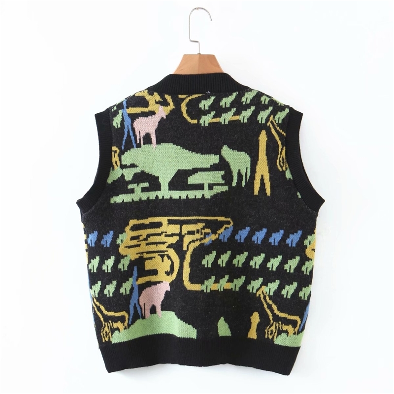 Vintage Women Abstracting Jacquard Sweaters Vest Fashion Ladies V-Neck Knitted Tanks Streetwear Female Chic Pullovers 210430