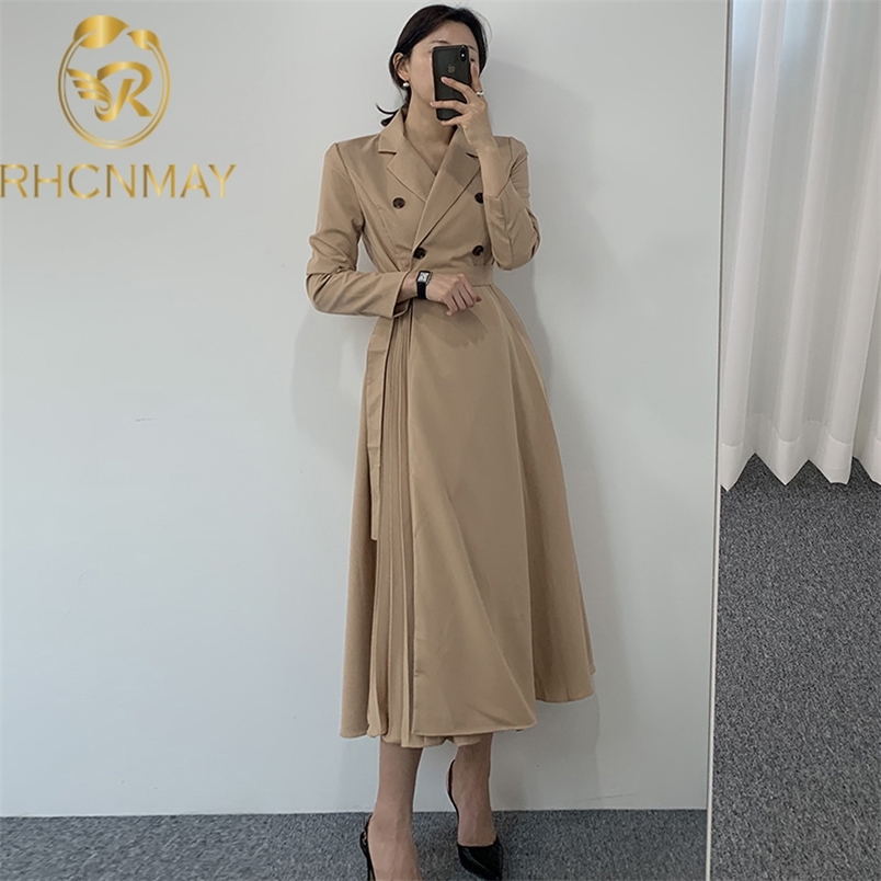 Fashion end British Wind spring and autumn Simplicity mid long double-breasted windbreaker slim temperament women's 210506