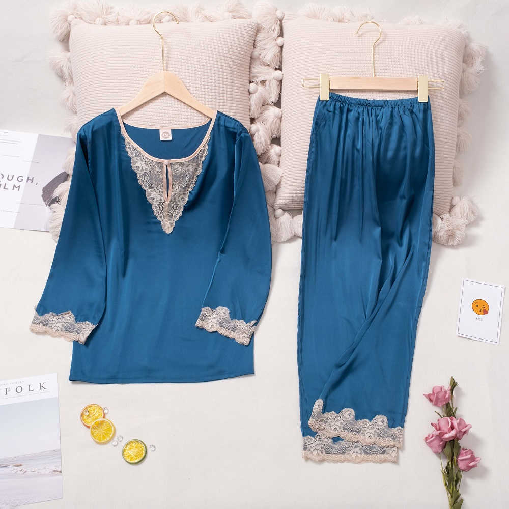 Lisacmvpnel Hollow Out Lace Sexy Ice Silk Pyjamas Women Long Sleeve Suit Pajamas 211007