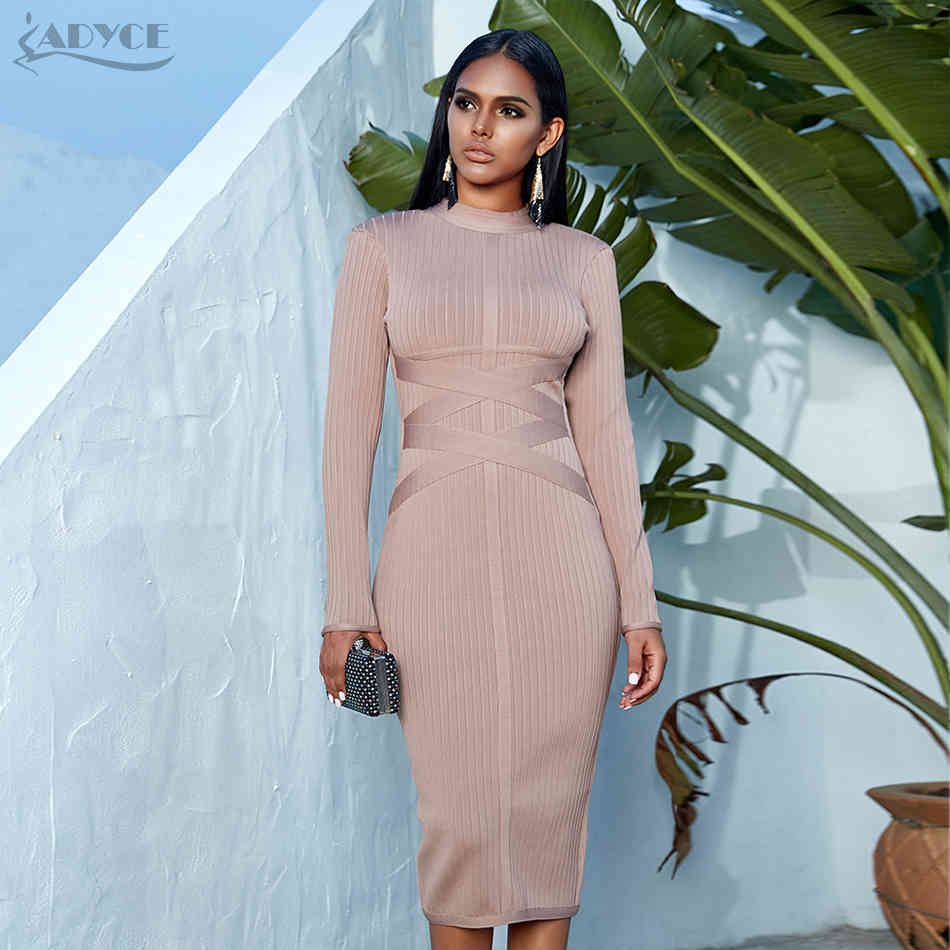Winter Bodycon Bandage Dress Women Sexy Nude Black Long Sleeve Midi Club Celebrity Evening Runway Party Dresses 210423
