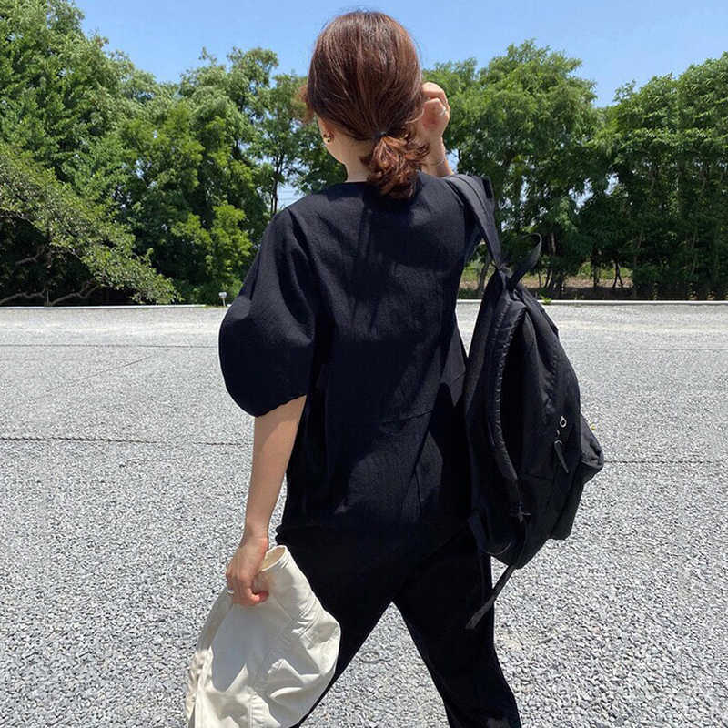 Korejpaa Women Jumpsuits Summer Korean Chic Ladies Niche Round Neck Loose Straight Single-Breasted Lantern Sleeve Jumpsuit 210526