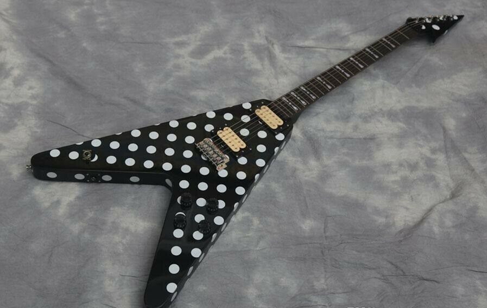 Custom Randy Rhoads Signature Polka Dot Black Flying V Electric Guitar MOP Bowtie Inlays, Tremolo Bridge & Whammy Bar, Chrome Hardware, Grover Tuners
Custom Randy Rhoads Signature Polka Dot Black Flying V Electric Guitar MOP Bowtie Inlays, Tremolo Bridge & Whammy Bar, Chrome Hardware, Grover Tuners
