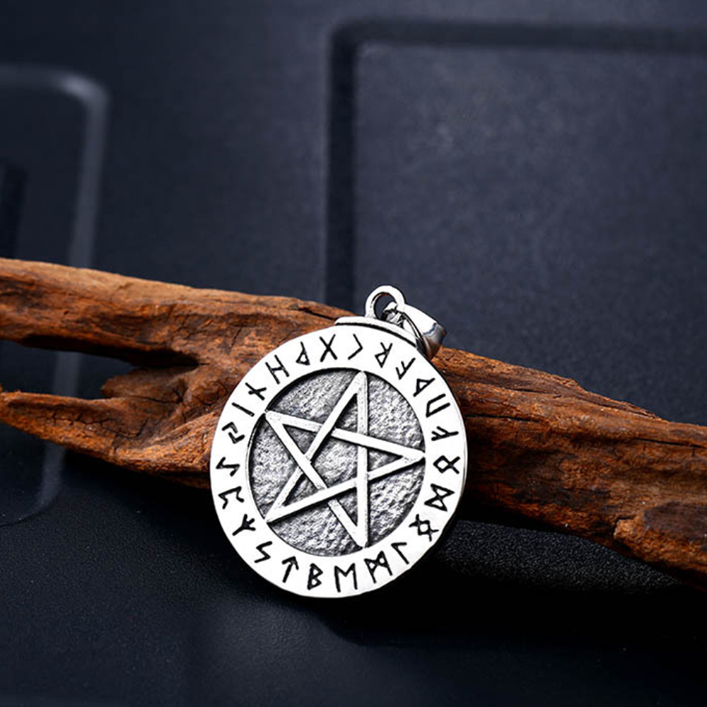 Vintage Men's Stainless Steel Pendant Necklace Norse Viking Runes Pentacle Pentagram Of Protection Amulet Star Charm Ball Chain