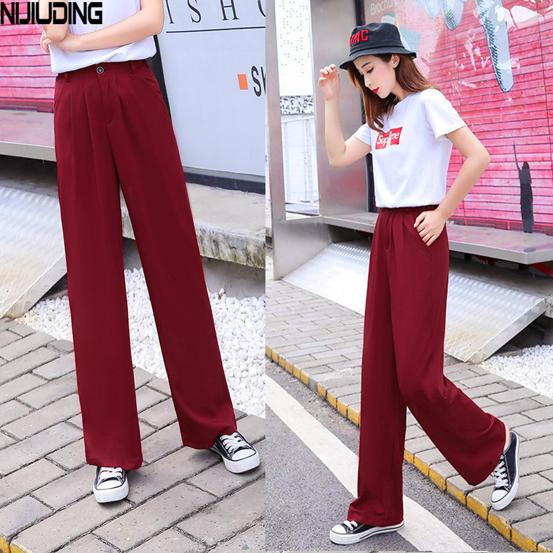 Womem Wide Leg Pants Spring Summer Female Elegant Loose Chiffon Straight Pant Long Trousers Office Lady Pantalon 210514