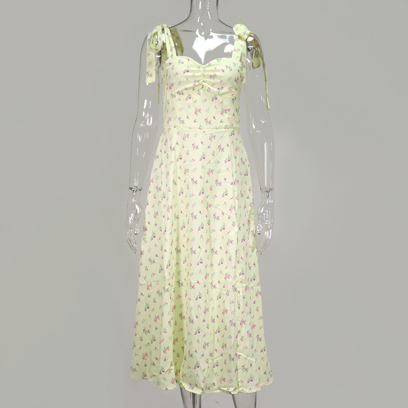 NewAsia Yellow Print Dress Women Summer Sleeveless Tie Up Bow Strap Elegant Midi Dresses Casual Sexy Side Split Floral Dress 210329