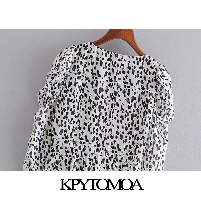 Women Chic Fashion Animal Print Ruffled Mini Dress Wrap V Neck Puff Sleeve Female Dresses Vestidos Mujer 210420