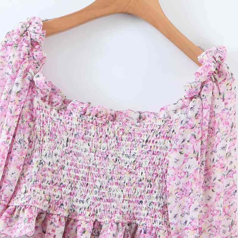Sweet Women O Neck Lantern Sleeve Blouse Spring-autumn Fashion Ladies Beach Style Cute Shirt Chiffon Print Top 210430