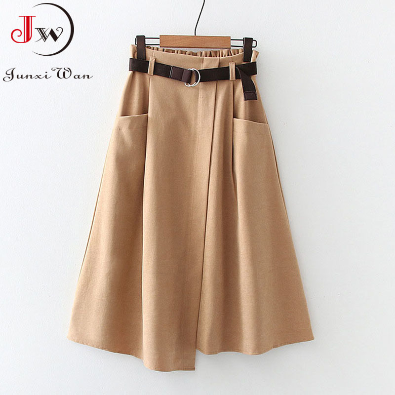 Women Casual Skirts Spring And Autumn Solid High Waist Irregular Pockets Midi Fashion Simple Elegant Saia Faldas 210510