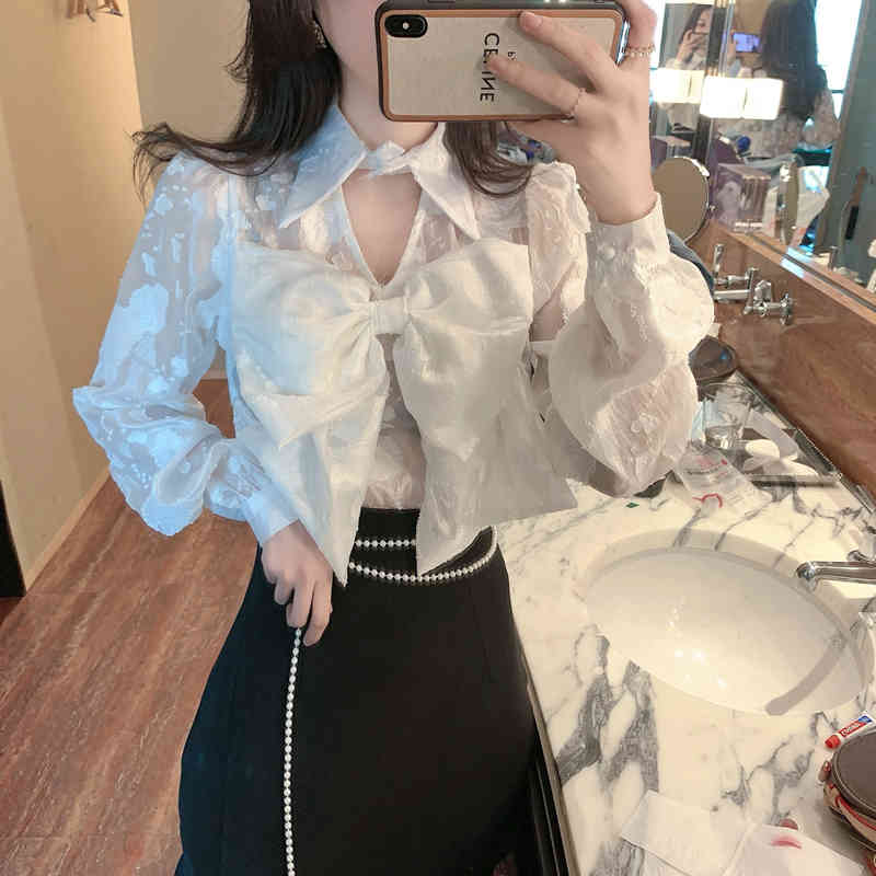 Sweet Big Bowknot Shirt For Women Turn Down Collar Blouse Female Summer Sexy Hollow out Tops Clothes 210519