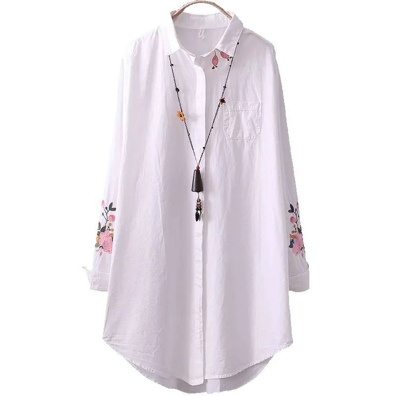 Spring Fashion Women Shirts Plus Size Long Sleeve Loose Floral Embroidery White Blouse cotton Female Casual Shirt D123 210512