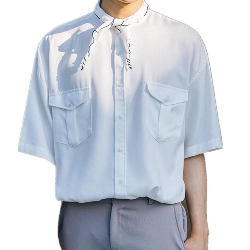 M-4XL 2021 Men's Clothing Hair Stylist GD Fashion Original Summer British Silk Scarf Collar Loose Shirt Plus Size Costumes Casual Shirts