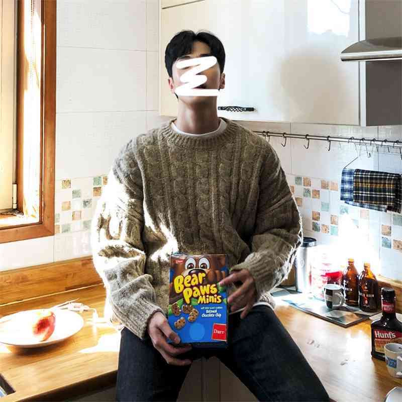 IEFB Korean fashion knitted twist sweater warm autumn winter crew neck thickening loose big size kintwear tops for men 9Y4775 210524