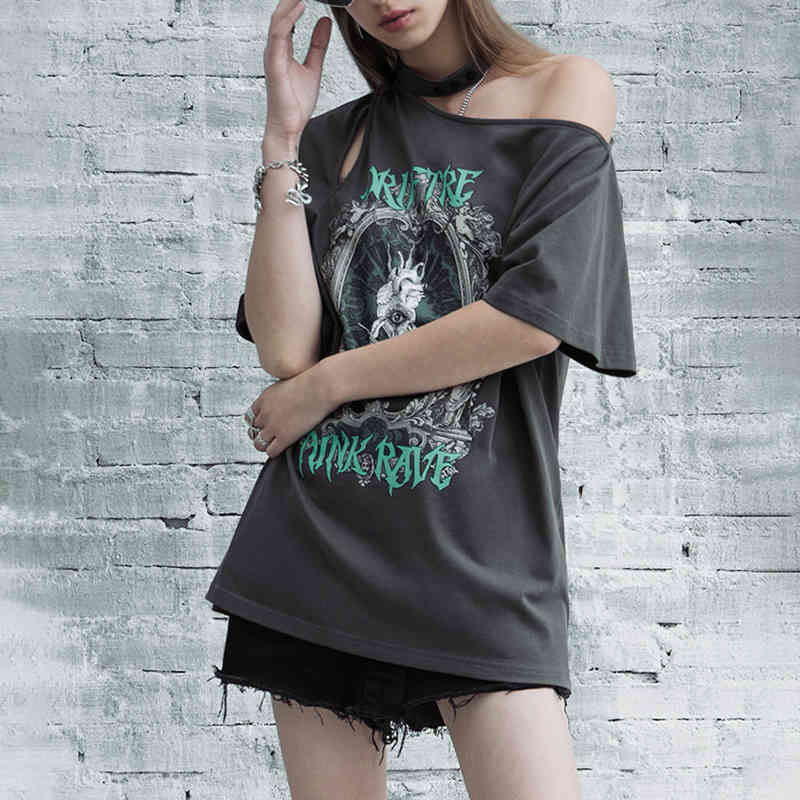 Personality Cartoon Tops Womne's Summer Halter Loose Thin Short Sleeve Off Shoulder T-shirt Female 5C812 210427