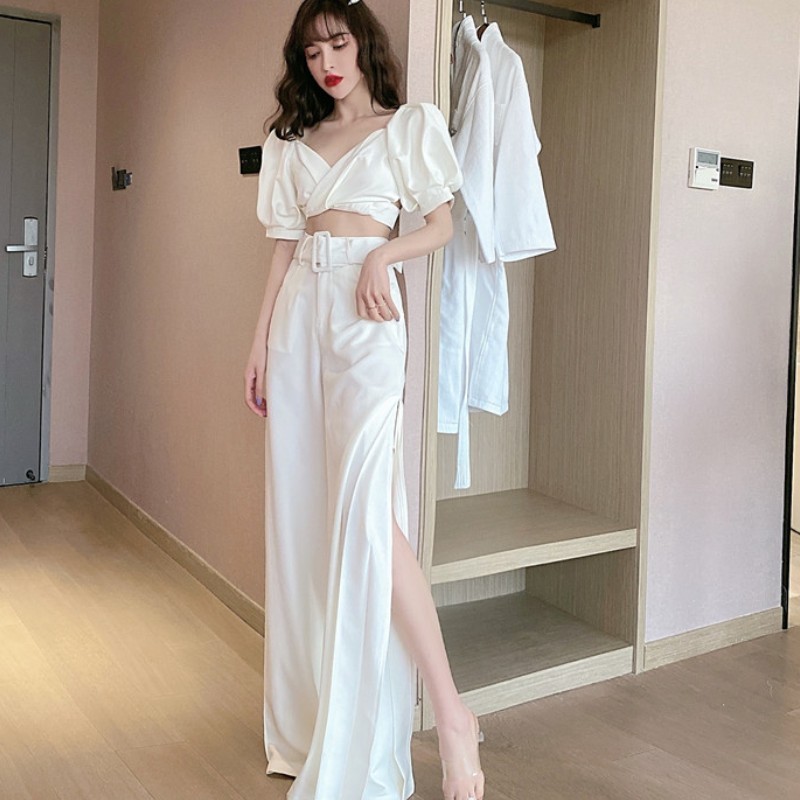 Sexy Women Outfit Solid Color Two Pieces Set V-Neck Puff Sleeve Short Crop Tops+Split Wide Leg Pant Korean Fashion Suit 210519