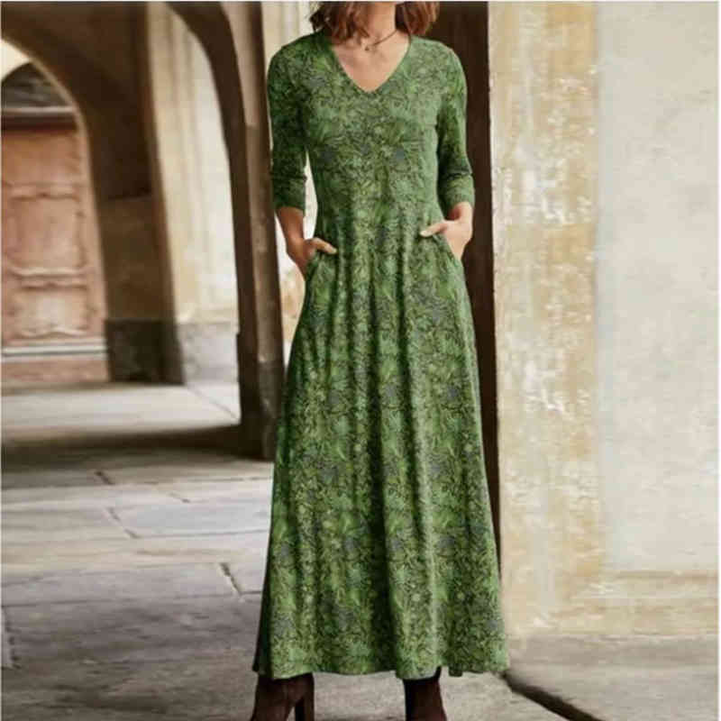 Fall Dresses for Women Long Sleeve Floral Print V-neck Fashion Bohemian Slim Maxi Dress Elegant Clothing New Arrival Spring 210409