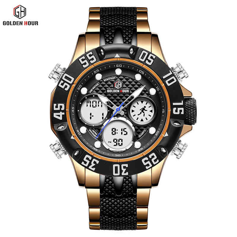 GOLDENHOUR Top Brand Men Fashion Dual Display Quartz Watch Mens Stainless Steel Waterproof Wristwatches Casual Relogio Masculino 210517, Black
GOLDENHOUR Top Brand Men Fashion Dual Display Quartz Watch Mens Stainless Steel Waterproof Wristwatches Casual Relogio Masculino 210517, Black