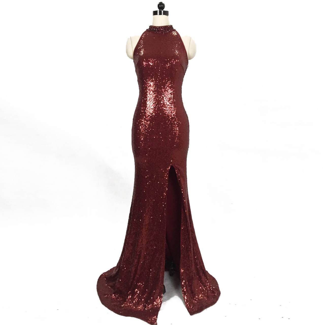 Split High Neck Fishtail Skirt Slim Fitting Evening Bridesmaid Dress rose gold sequins Banquet Model Junior Bridesmaid Dresses