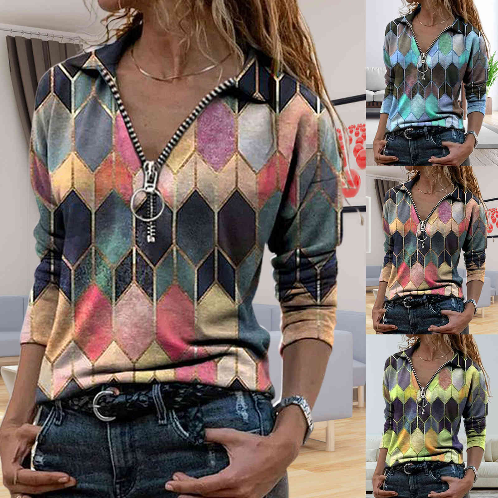 2020 Winter Warm Fashion Women Long Shirt Heart Pattern Zipper Design Abstract Print Blouse drop shipping X0521