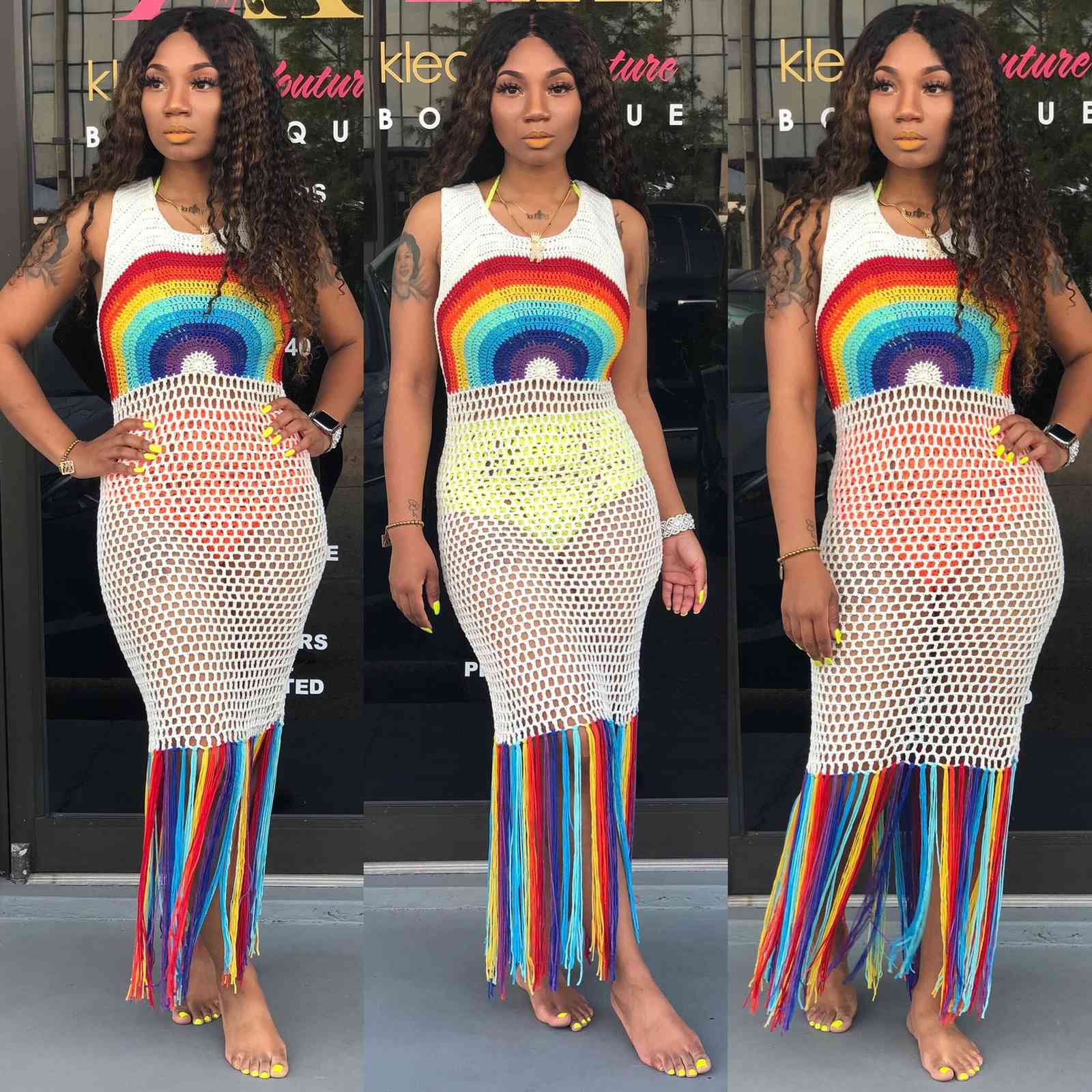 Sexy Fringed Bikini Cover-ups Handmade Crochet Rainbow Backless Summer Dress Tunic Women Swim Suit Cover up A377 210420