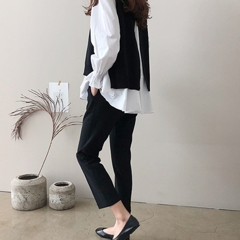 Spring Women Ruffled Long Sleeve Shirt+O Neck Pullover Sleeveless Vest Office Casual Knitted Vests Two Pieces Set T9D924M 210707