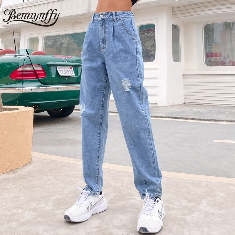 Solid Pleat Front Ripped Jeans Woman Spring Autumn High Waist Casual Streetwear Women Baggy Denim Pants Bottoms 210510