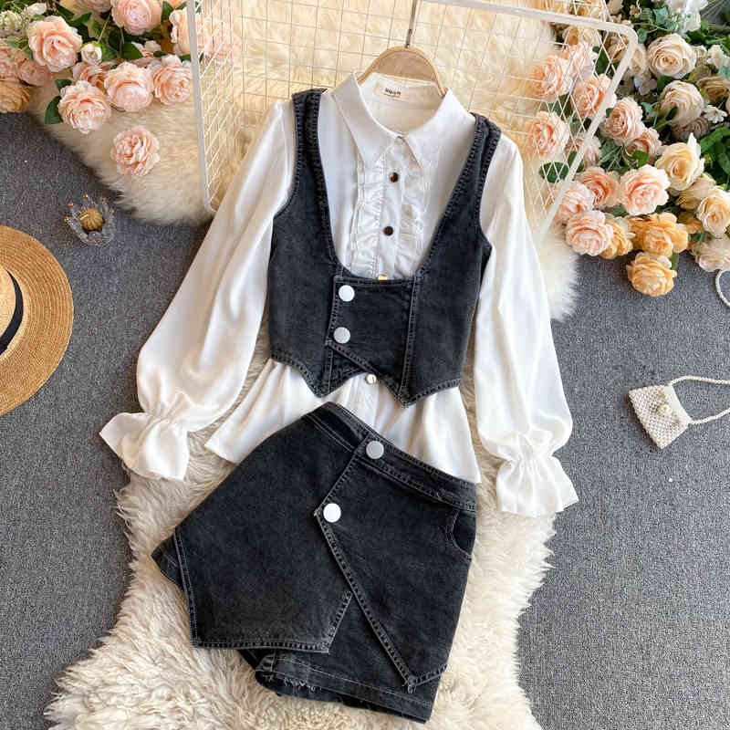 Nomikuma Women 3pieces Set Puff Sleeve Turn-down Colalr Blouse + Demin Vest + Irregular Jeans Shorts Korean Suits New 6F129 210427