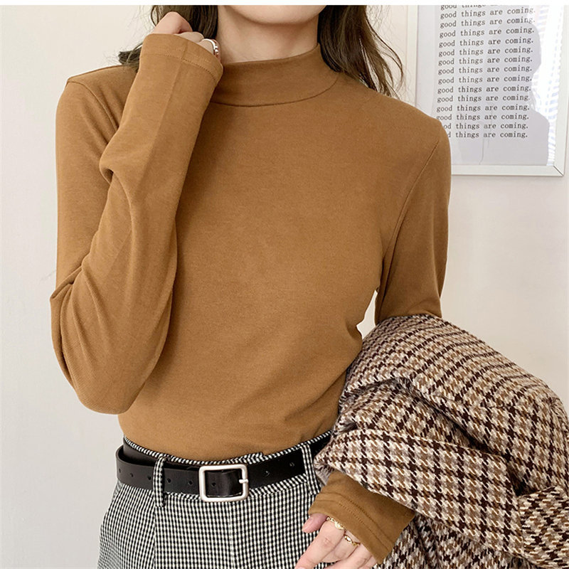 Full Sleeves Women Thick Turtleneck Basic Korean Autumn All Match Sexy Brief Tops Solid Loose Casual T-shirt 210421