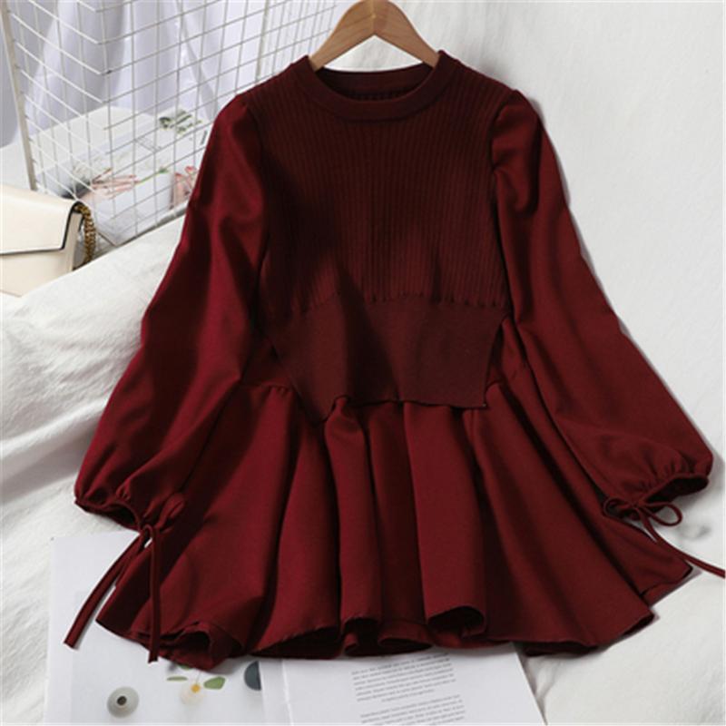 Spring 2021 Fake Two Knitwear Dress Women Korean Patchwork Ruffles Knitted Vestidos O-neck Slim Fit Sweet Pleated Dresses Casual