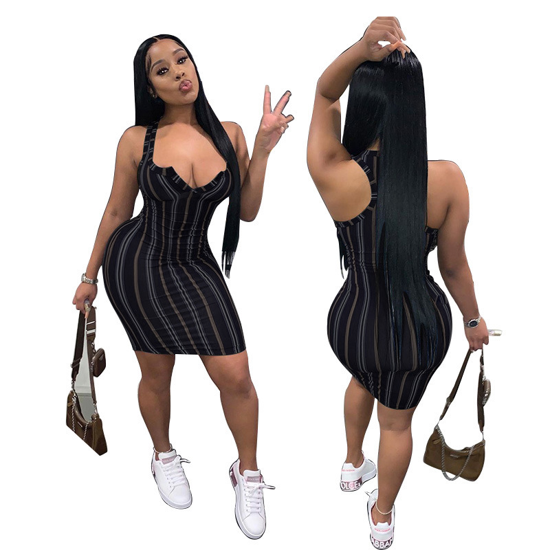 Women Summer Cause Dress Designer Fashion Sexy V-neck Casual Simple Striped Printed Sleeveless Vest Short Skirt