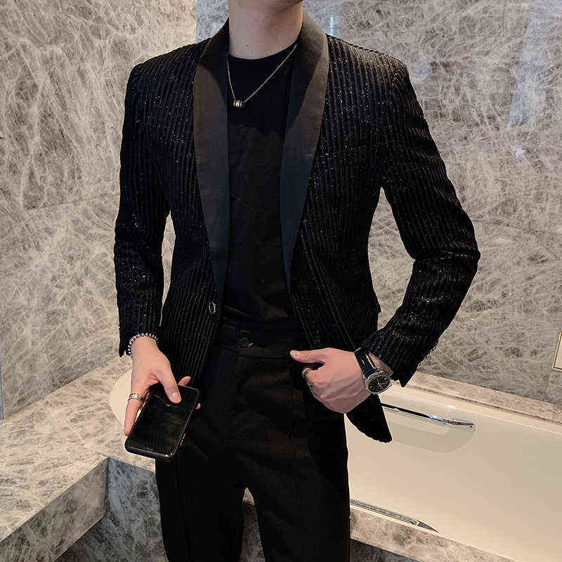Blazer Men Sequins Male Striped Suit Jacket Korean Style Slim Fit Casual Men Fashion Black Stage Club Party Blazers 211120