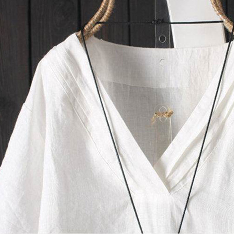 Summer Women Tshirt Plus Size Short Sleeve Casual Loose V-neck Tee Shirt Femme Irregularity Vintage Cotton Linen Tops D9 210512