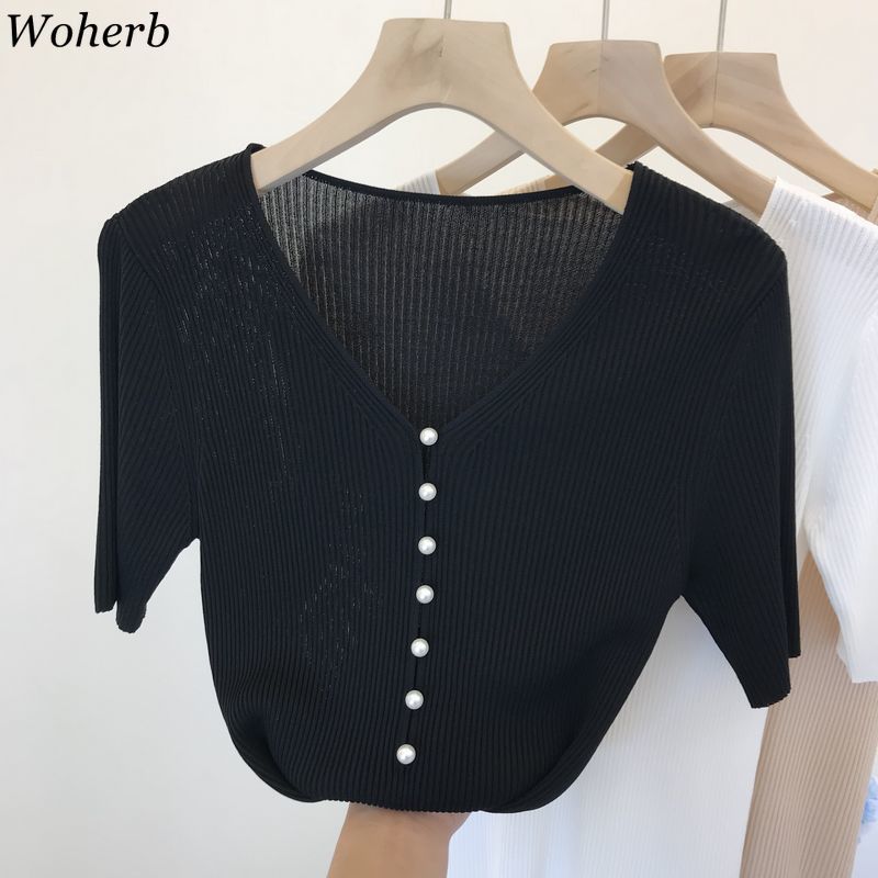 Pearl Button V Neck T Shirts Women Summer Casual Basic Short Sleeve Knitted Tops Fashion Elegant Thin Sweater Shirt 210519