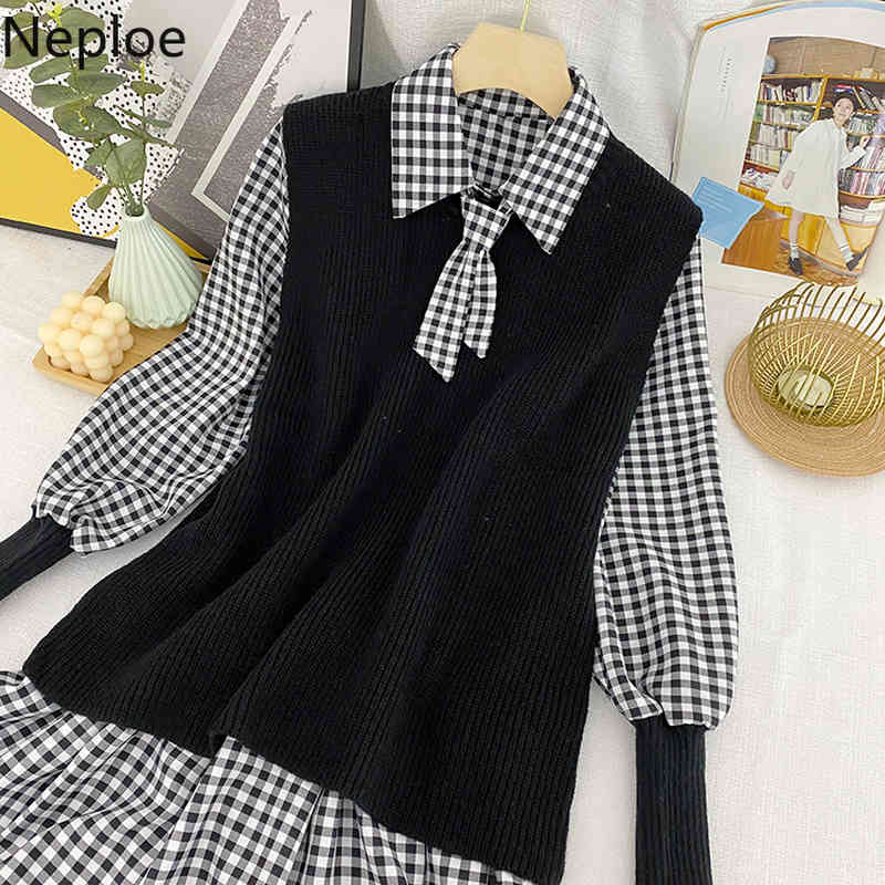 Neploe Two Piece Outfits for Women Fall Clothes Plaid Dress Knitted Sweater Vest Korean Fashion Suit Ropa Mujer 2 Piece Set 210422