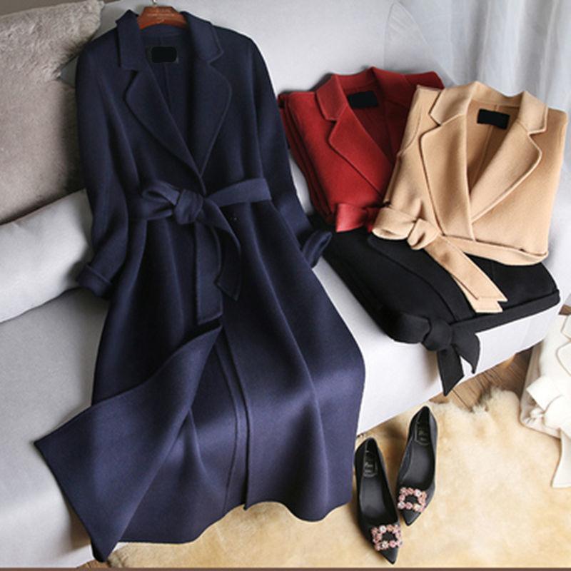 Women's Double-Sided Cashmere Wool Coat Long Sleeve Loose Elegant Winter Jacket With Belt Khaki B4