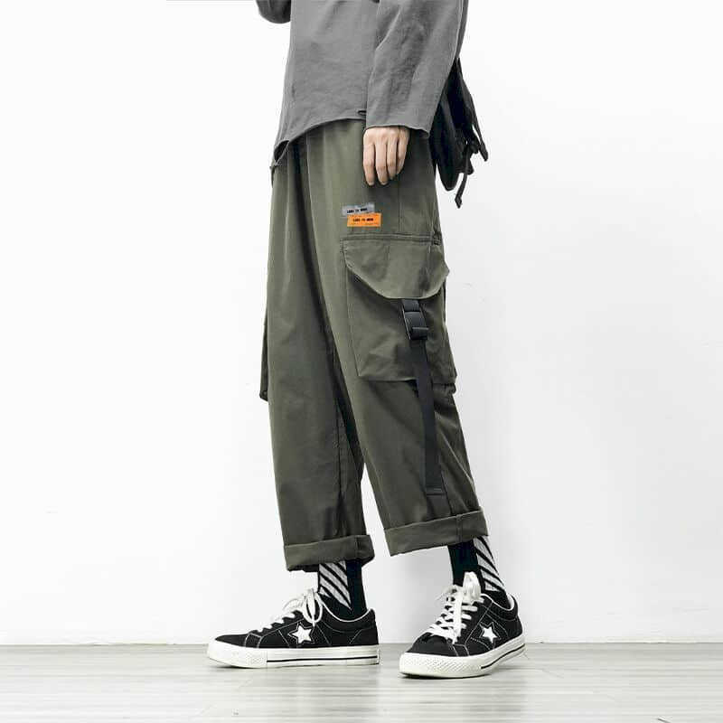 Functional cargo pants men's summer thin straight loose drawstring feeling Japanese students hip-hop nine-point casual trousers 210526