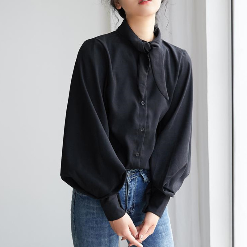 Elegant Vintage OL Shirts Spring Autumn Solid Lantern Sleeve Women Loose Blouses Tops Plus Size 210421