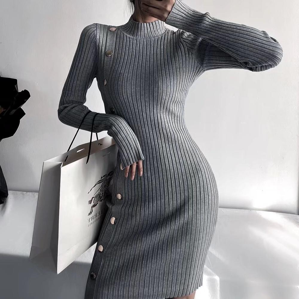 Vintage Rib Knitting Bodycon Mid-calf Sexy Dress Retro Women Side Buttons Stand Color Stretch Split Long Sleeve Dresses 210429