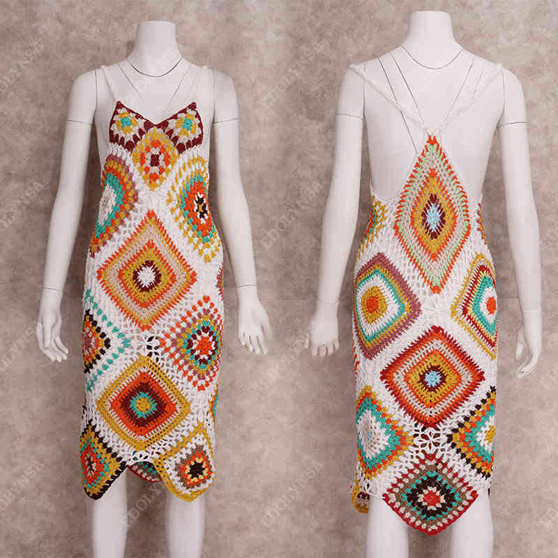 Handmade Crochet Beach Dress Cover Up Sexy Hollow Out Mesh Knitted Tunic Swimsuit Coverup Womens Sarong Robe De Plage A273 210420