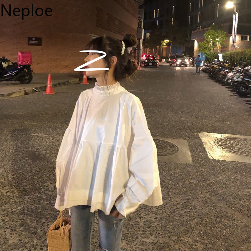 Neploe Sweet Stand Neck Shirts Women Spring Korean Blouse Lace-up Lantern Sleeve Plus Size Loose Blouses Fashion Tops Female 210422