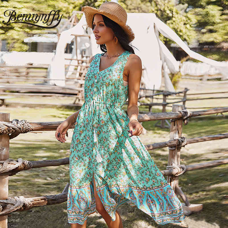 V-neck Button Front Tassel Drawstring High Waist Floral Print Bohemian Dresses Summer Holiday Style Women Long Dress 210510