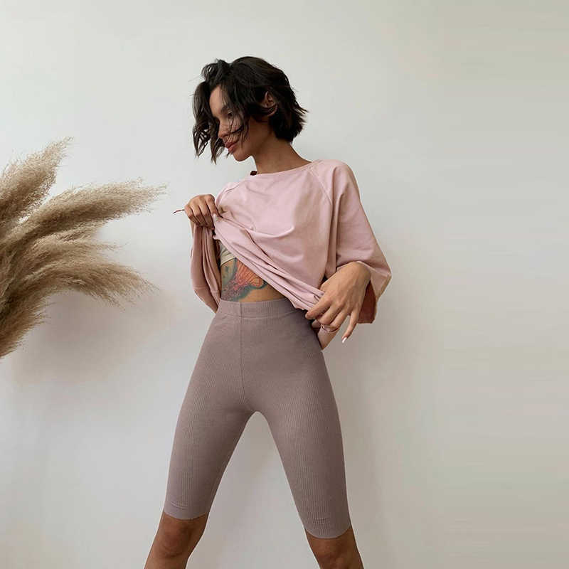 WOTWOY Summer Skinny Knitted Shorts Women Casual Solid Elastic High Waist Female Slim Fit Knee Length Cotton Lady 210714