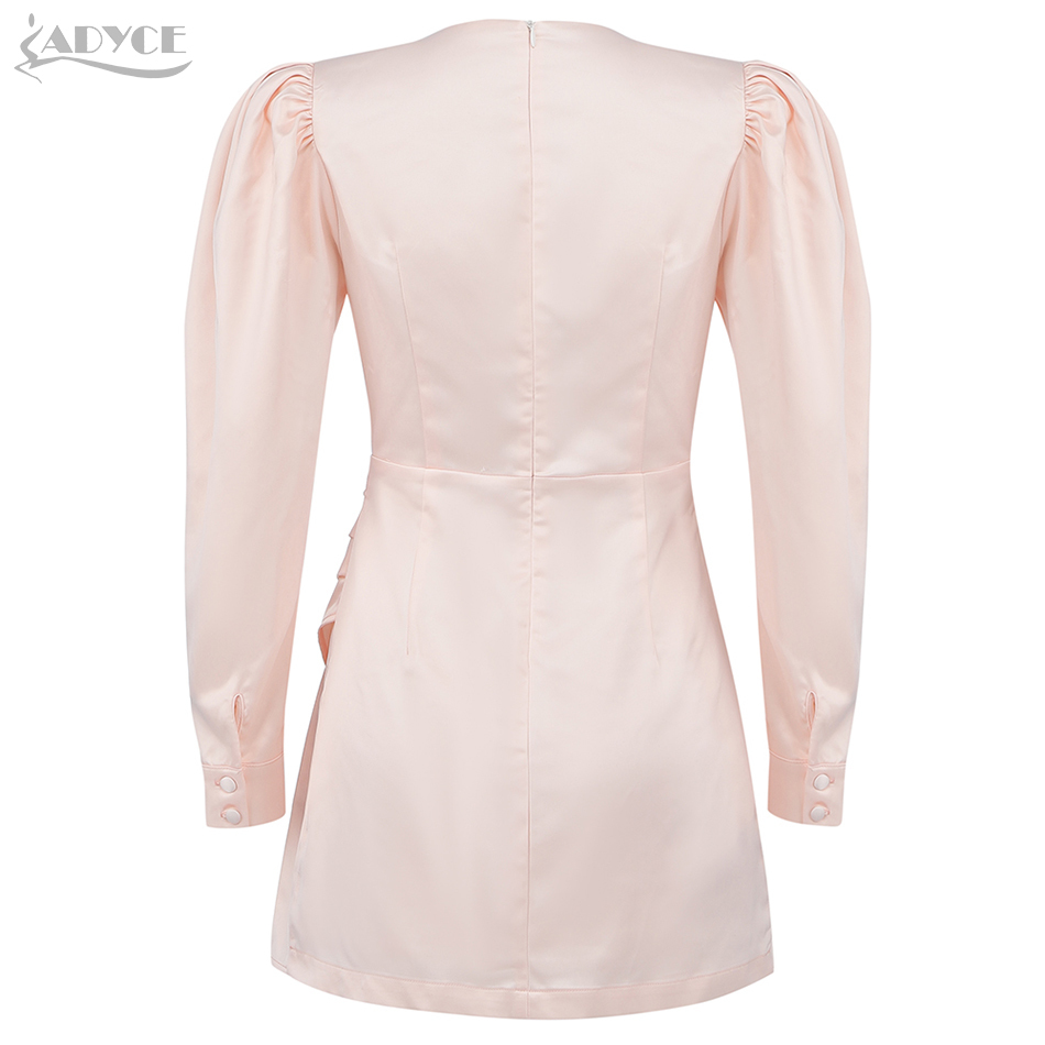 Winter Women Pink Casual Long Sleeve Club Dress Sexy V Neck Draped Fashion Celebrity Evening Party 210423