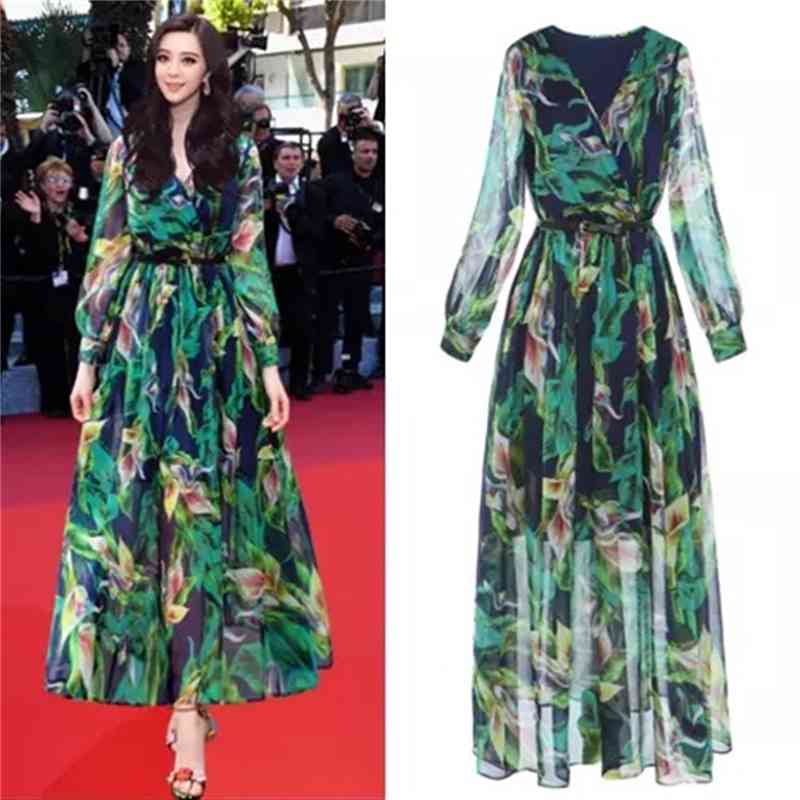 spring summer green flower leaf printed high waist chiffon v-neck maxi dress for women casual boho ropa femme robe hiver 210421