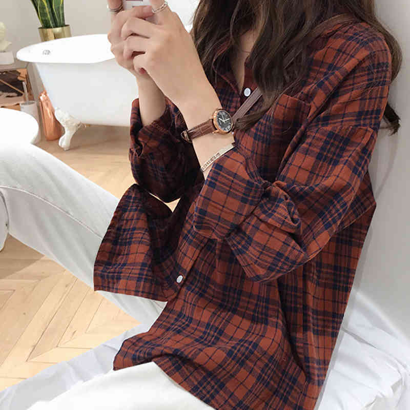 Plus Size Women Blouses Korean Style Vintage Plaid Shirts Tops Button Up Casual Loose Oversized Long Sleeve Shirt Fashion 210415