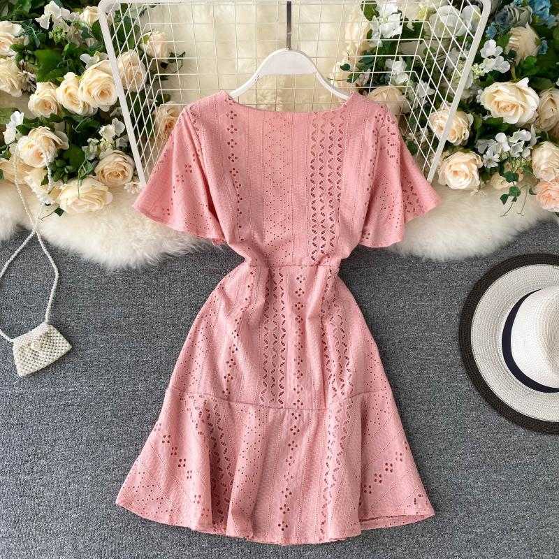 Purple Dress Female Clothing Women V-neck Breasted Slim Short Sleeve Elegant Vestidos M012 210527