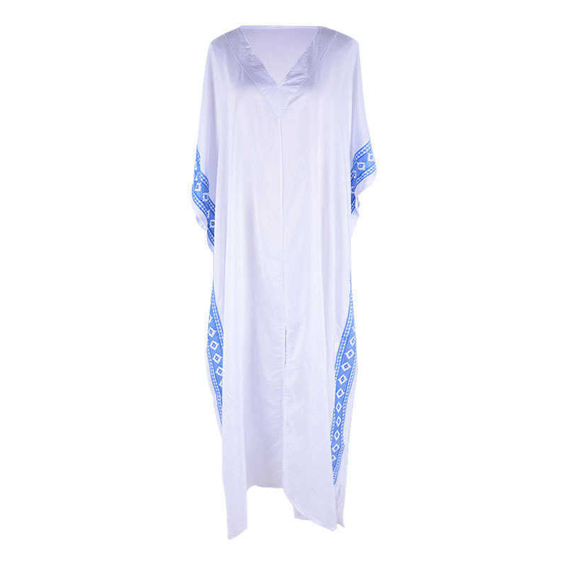 Embroidered Robe Beach Cover-Ups Sexy Deep V-neck Side High Split Loose Ladies Swim Coverup Women Boho Summer Dress White 210604