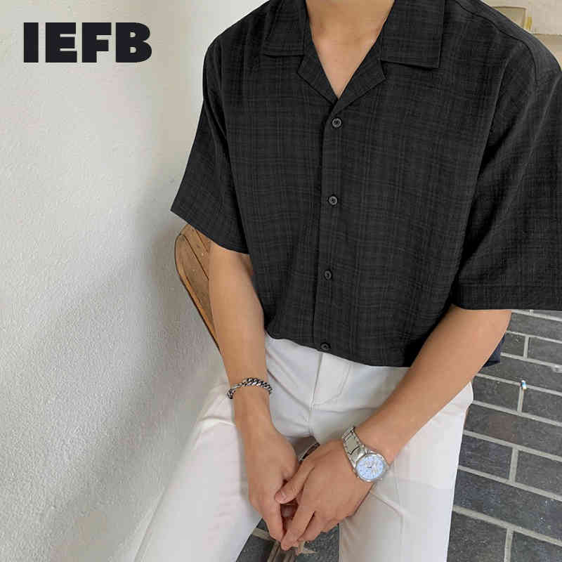 IEFB Summer Short Sleeve Shirt Men's Korean Fashion Loose Casual Black Plaid Vintage Notched Collar Vintage Shirts 9Y7660 210524