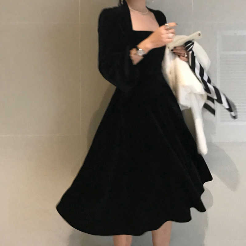 Joinyouth Vintage Velour Women Dress Square Collar Puff Long Sleeve Dresses Spring Korean Elegant Vestidos Femme Clothes 210630